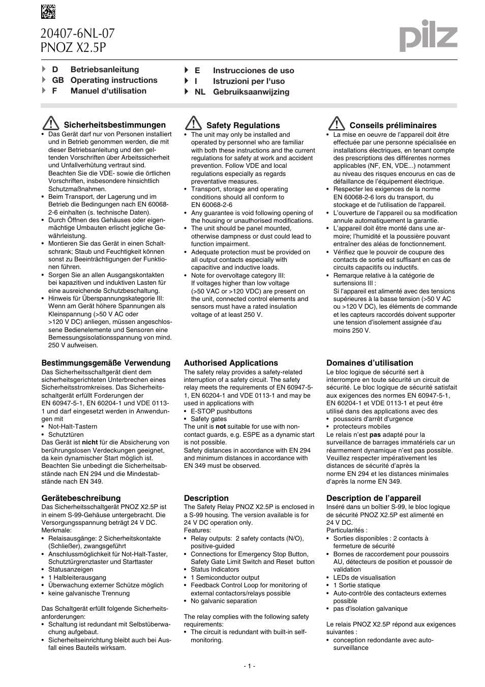 Pilz PNOZ X2.5P C 24VDC 2n/o 1so User Manual | 20 pages