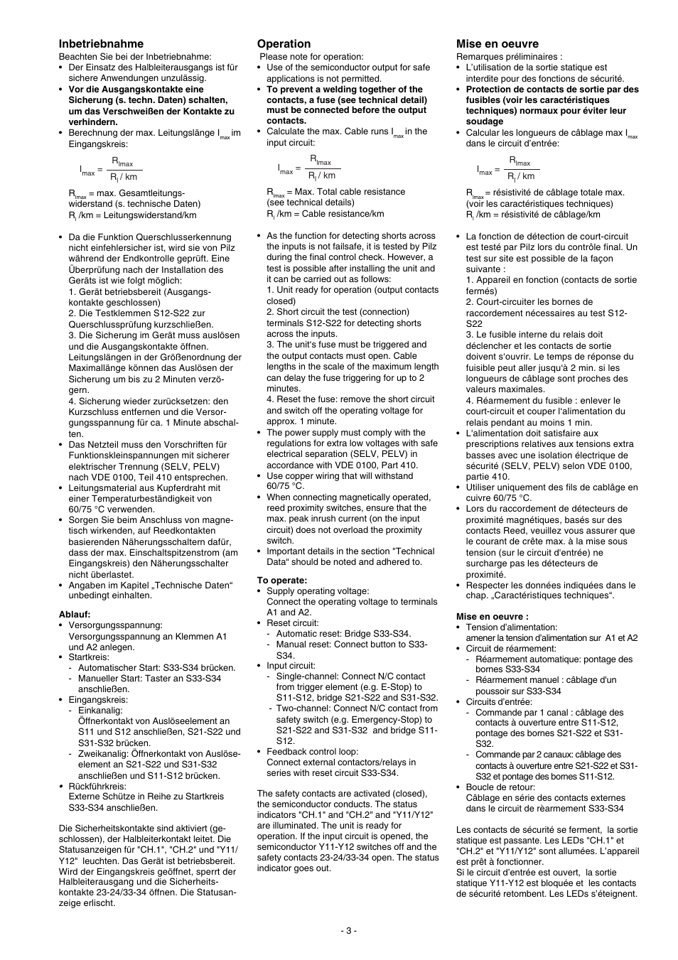 Inbetriebnahme, Mise en oeuvre, Operation | Pilz PNOZ X2.5P C 24VDC 2n/o 1so User Manual | Page 3 / 20