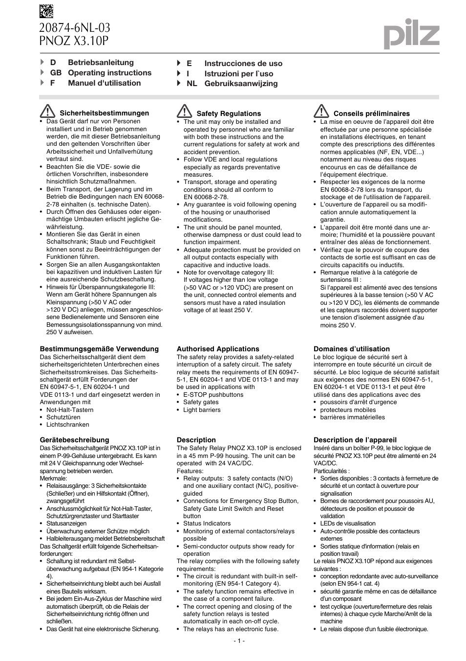 Pilz PNOZ X3.10P C 24VACDC 3n/o 1n/c 1so User Manual | 20 pages