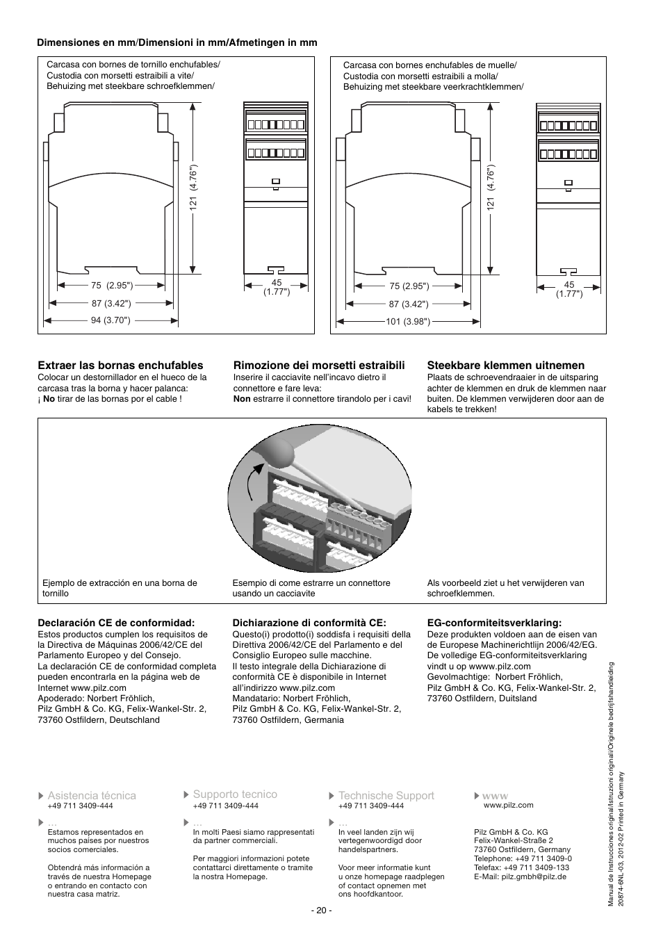 Extraer las bornas enchufables, Rimozione dei morsetti estraibili, Steekbare klemmen uitnemen | Pilz PNOZ X3.10P C 24VACDC 3n/o 1n/c 1so User Manual | Page 20 / 20