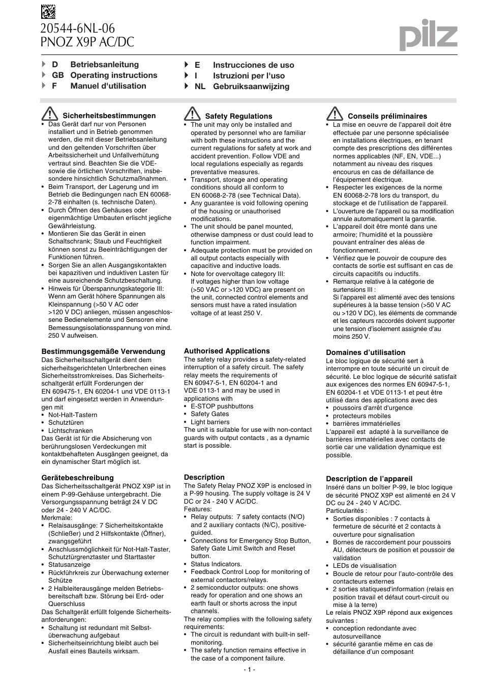 Pilz PNOZ X9P C 24VDC 7n/o 2n/c 2so User Manual | 20 pages