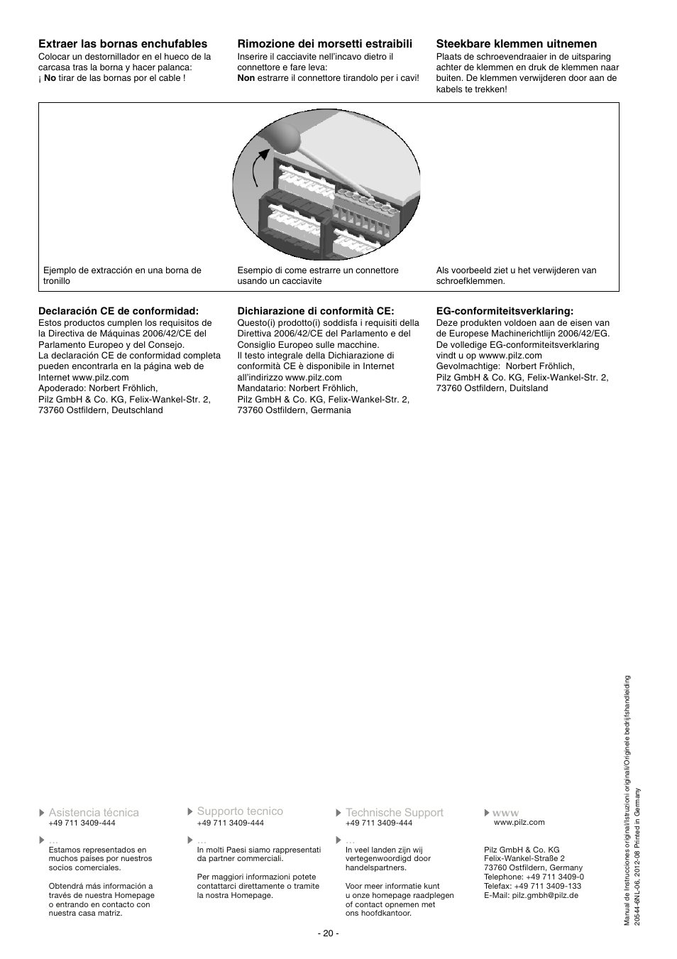 Extraer las bornas enchufables, Rimozione dei morsetti estraibili, Steekbare klemmen uitnemen | Pilz PNOZ X9P C 24VDC 7n/o 2n/c 2so User Manual | Page 20 / 20