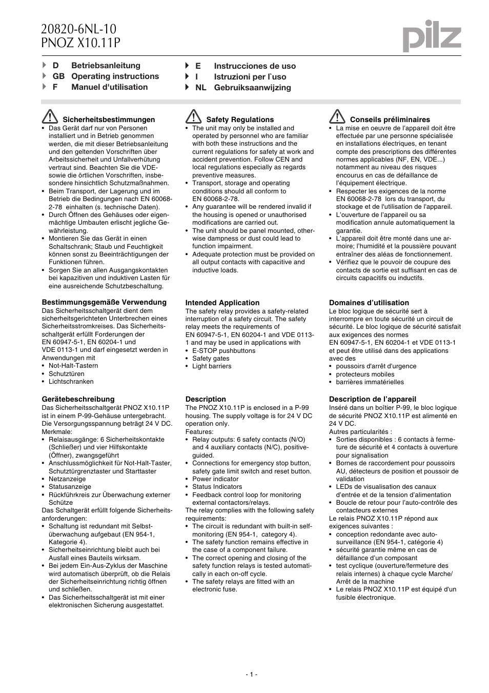 Pilz PNOZ X10.11P C 24VDC 6n/o 4n/c 6LED User Manual | 20 pages