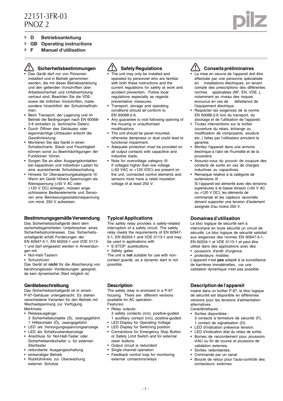 Pilz PNOZ 2 42VAC 3n/o 1n/c User Manual | 8 pages