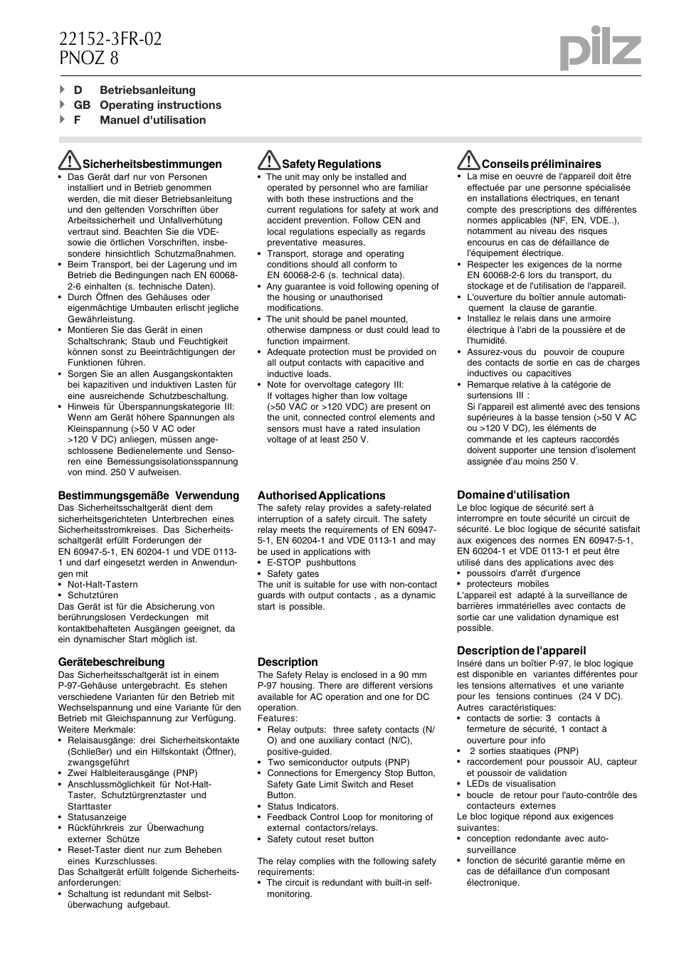 Pilz PNOZ 8 110VAC 3n/o 1n/c 2so User Manual | 8 pages