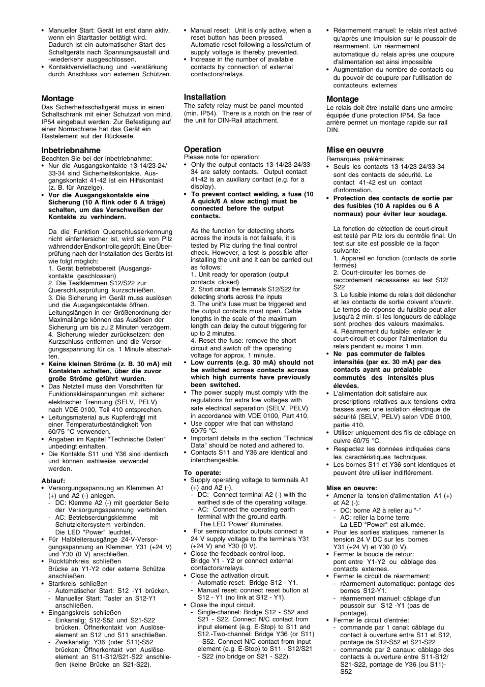 Montage, Mise en oeuvre, Inbetriebnahme | Installation, Operation | Pilz PNOZ 8 110VAC 3n/o 1n/c 2so User Manual | Page 3 / 8