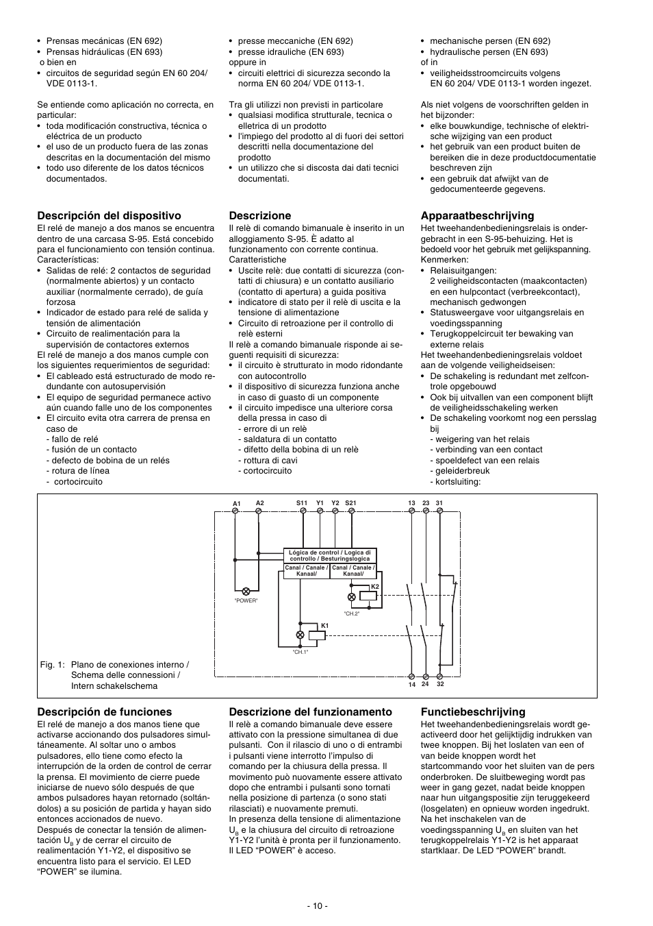 Descripción del dispositivo, Descripción de funciones, Descrizione | Descrizione del funzionamento, Apparaatbeschrijving, Functiebeschrijving | Pilz P2HZ X3 24VDC 2n/o 1n/c User Manual | Page 10 / 16