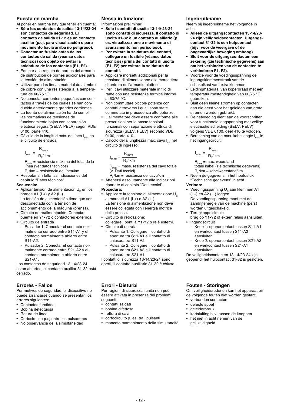 Puesta en marcha, Errores - fallos, Messa in funzione | Errori - disturbi, Ingebruikname, Fouten - storingen | Pilz P2HZ X3 24VDC 2n/o 1n/c User Manual | Page 12 / 16