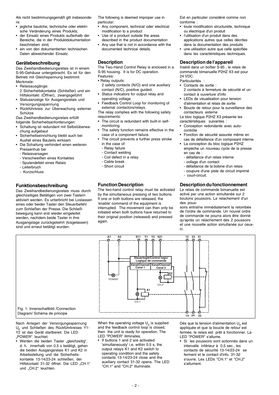 Description de l'appareil, Description du fonctionnement, Description | Function description, Gerätebeschreibung, Funktionsbeschreibung | Pilz P2HZ X3 24VDC 2n/o 1n/c User Manual | Page 2 / 16