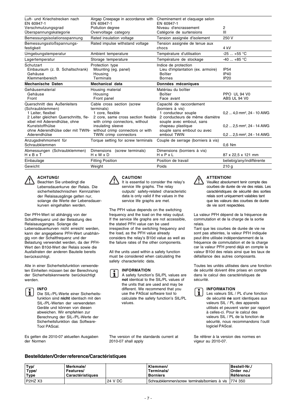 Bestelldaten/order reference/caractéristiques | Pilz P2HZ X3 24VDC 2n/o 1n/c User Manual | Page 7 / 16