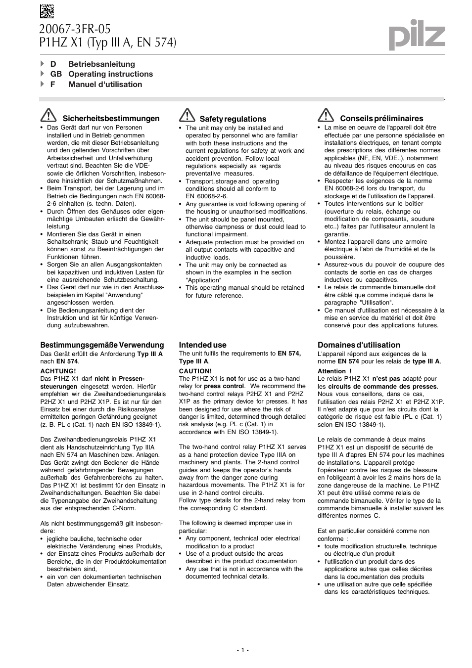 Pilz P1HZ X1 24VDC 2n/o User Manual | 8 pages