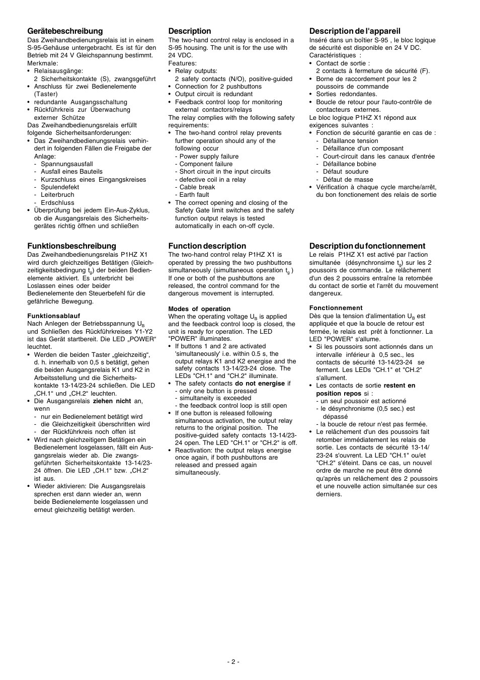 Gerätebeschreibung, Funktionsbeschreibung, Description de l'appareil | Description du fonctionnement, Description, Function description | Pilz P1HZ X1 24VDC 2n/o User Manual | Page 2 / 8