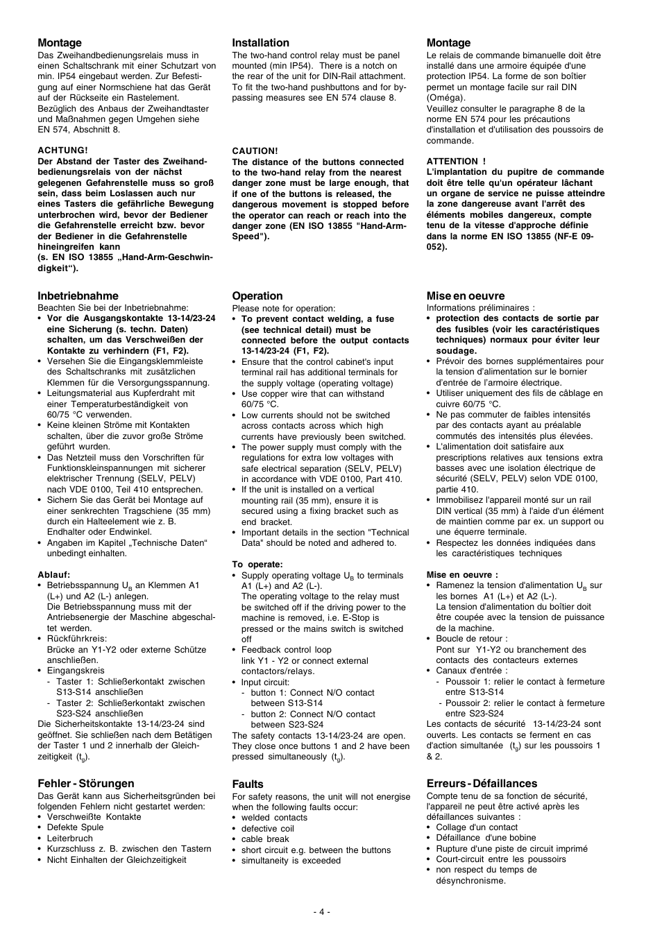 Montage, Inbetriebnahme, Fehler - störungen | Mise en oeuvre, Erreurs - défaillances, Installation, Operation, Faults | Pilz P1HZ X1 24VDC 2n/o User Manual | Page 4 / 8