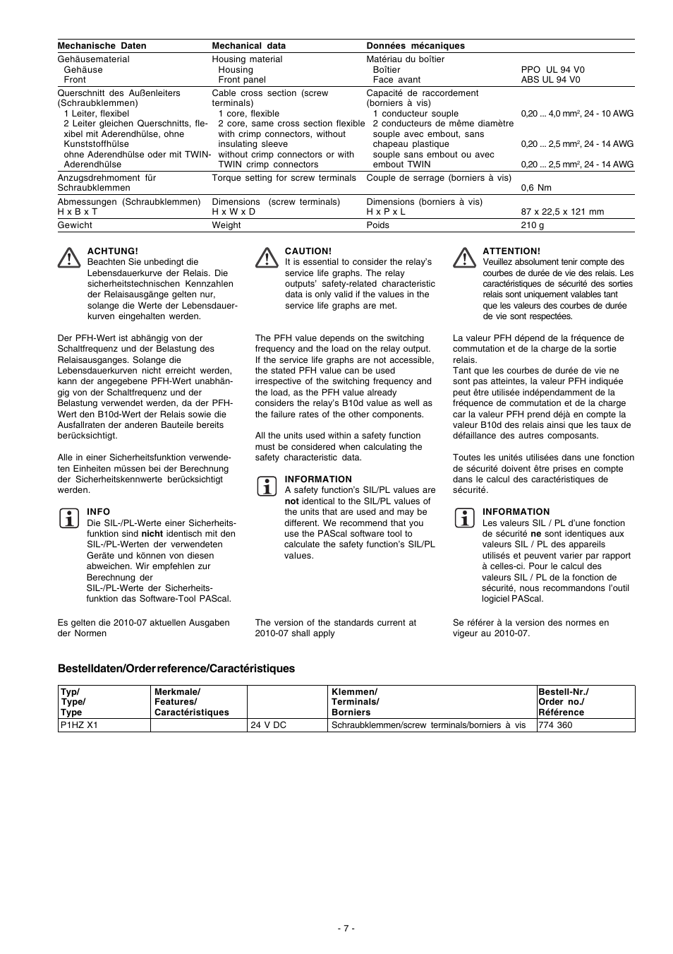 Bestelldaten/order reference/caractéristiques | Pilz P1HZ X1 24VDC 2n/o User Manual | Page 7 / 8