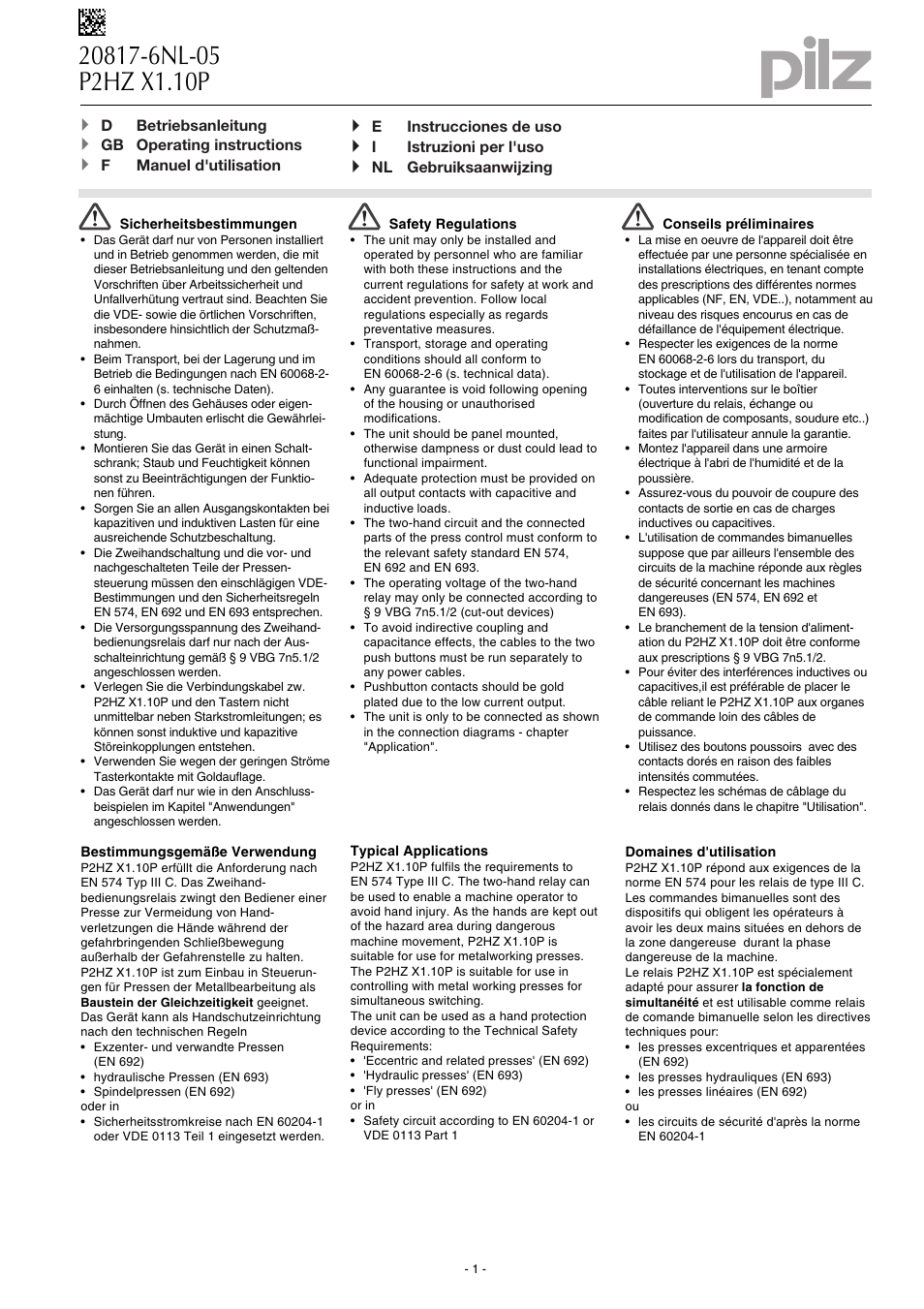 Pilz P2HZ X1.10P 24VDC 3n/o 1n/c 2so User Manual | 20 pages