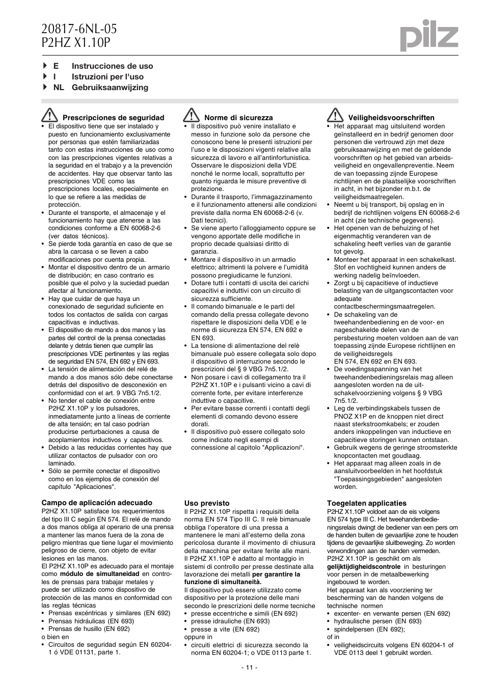 Pilz P2HZ X1.10P 24VDC 3n/o 1n/c 2so User Manual | Page 11 / 20