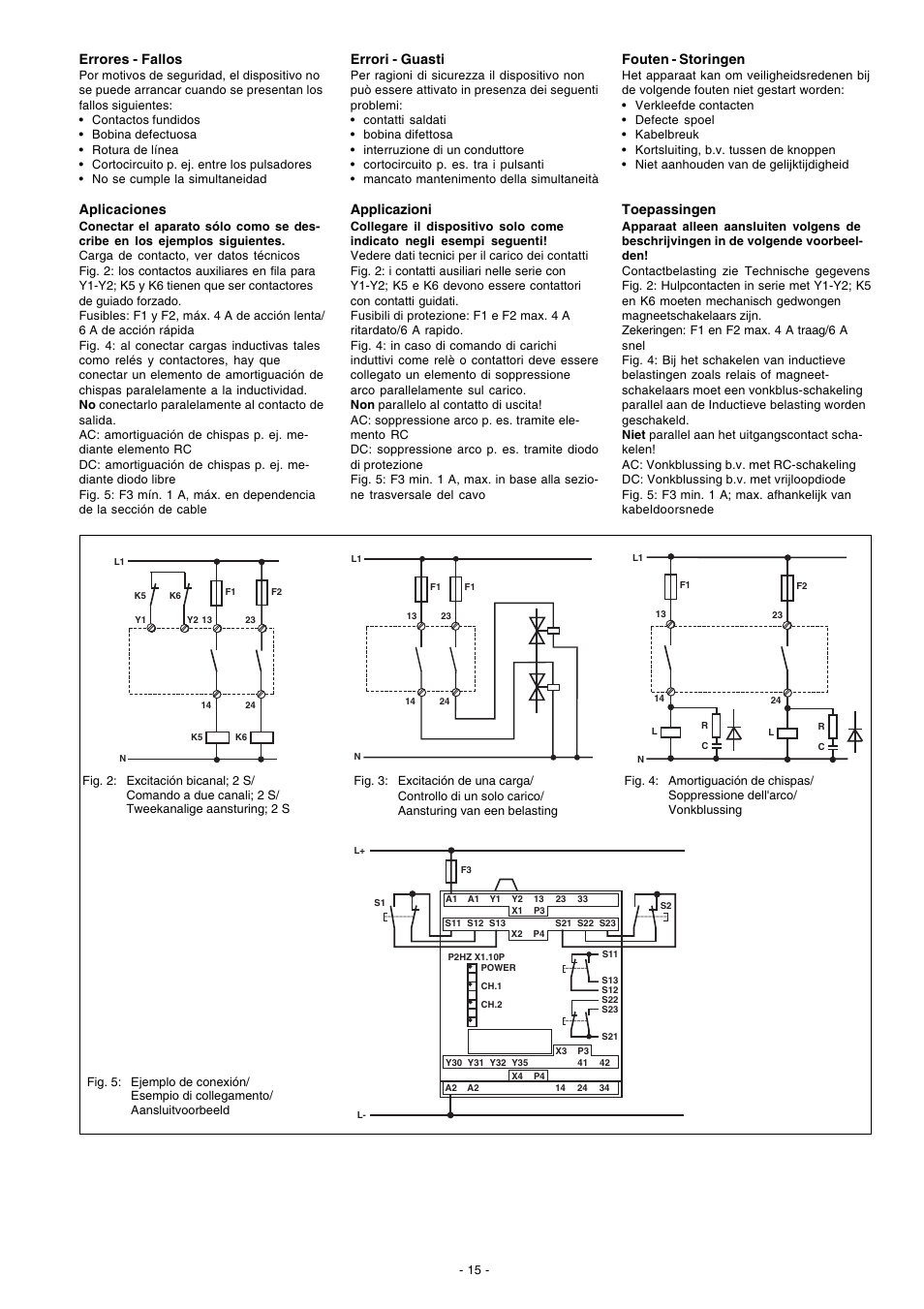 Errores - fallos, Aplicaciones, Errori - guasti | Applicazioni, Fouten - storingen, Toepassingen | Pilz P2HZ X1.10P 24VDC 3n/o 1n/c 2so User Manual | Page 15 / 20
