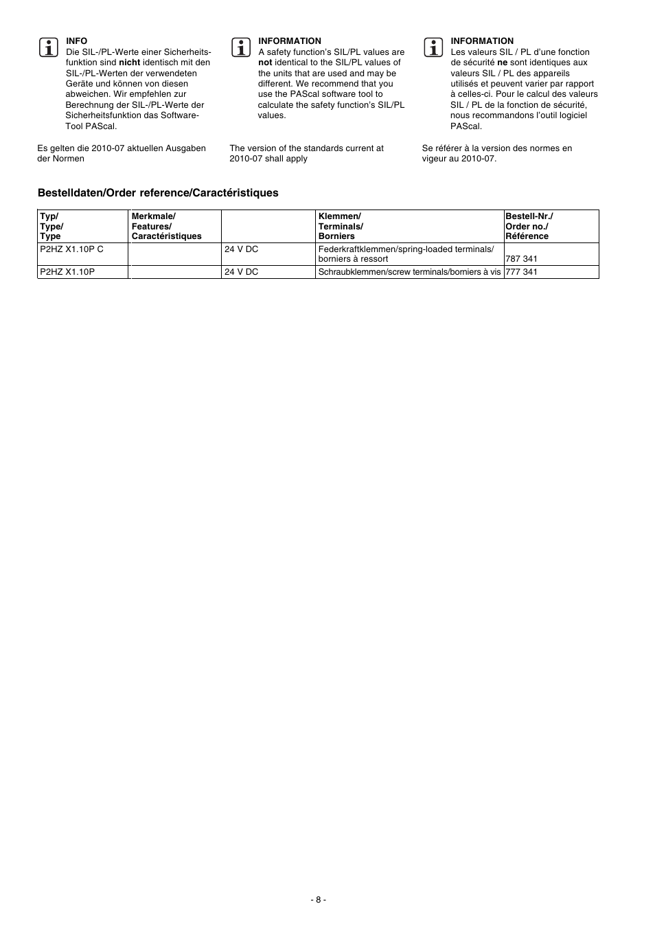 Bestelldaten/order reference/caractéristiques | Pilz P2HZ X1.10P 24VDC 3n/o 1n/c 2so User Manual | Page 8 / 20