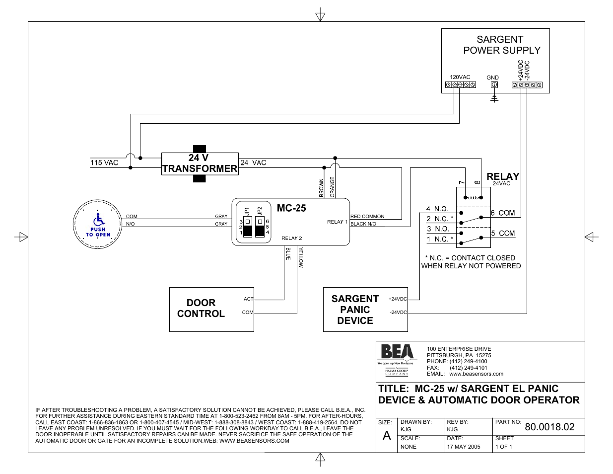 Door control, 24 v transformer sargent power supply, Sargent panic device | Relay | BEA 80.0011.02 User Manual | Page 7 / 17