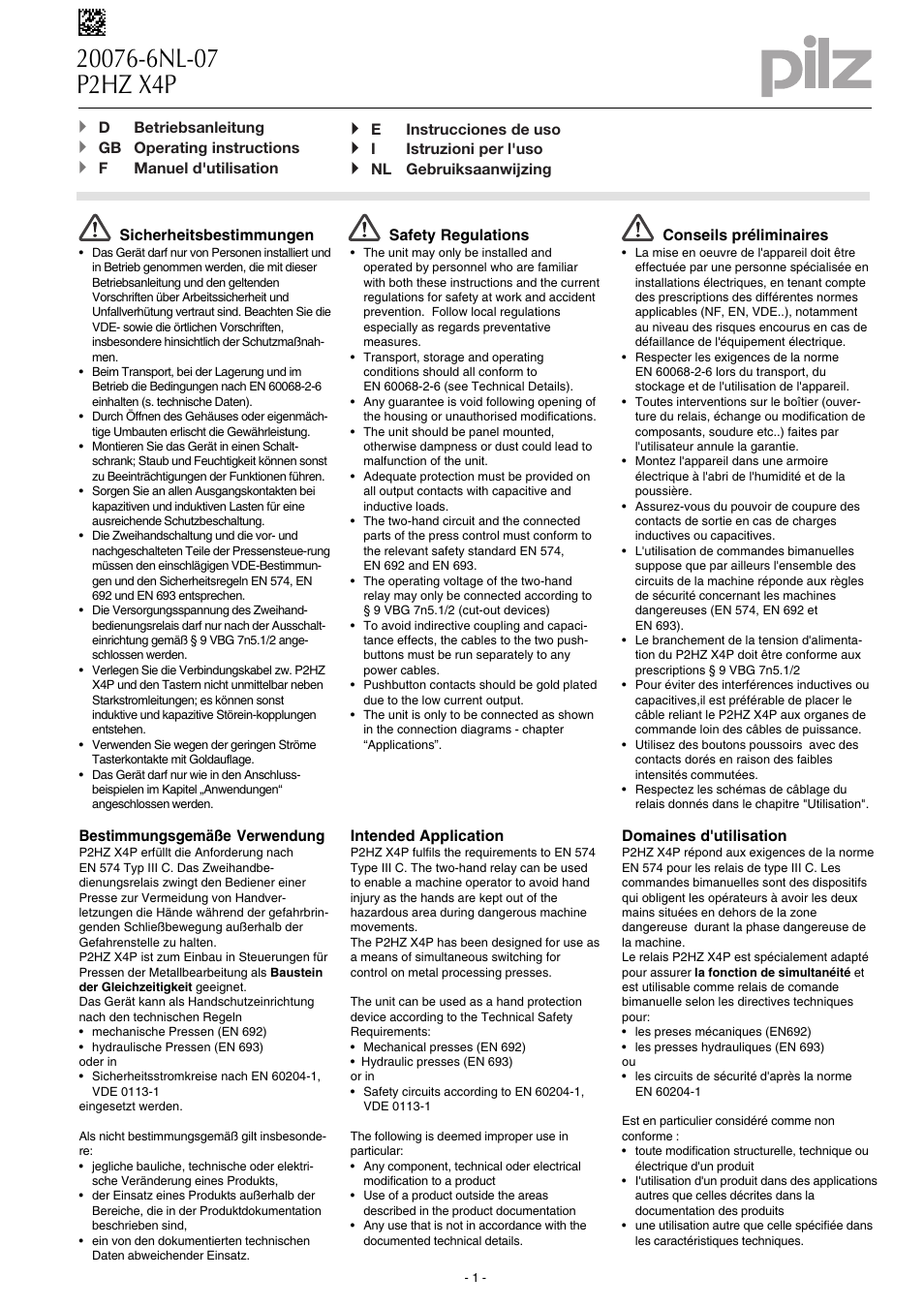 Pilz P2HZ X4P 24VDC 3n/o 1n/c User Manual | 20 pages