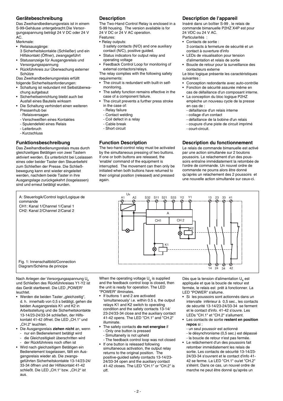 Description de l'appareil, Description du fonctionnement, Gerätebeschreibung | Funktionsbeschreibung, Description, Function description | Pilz P2HZ X4P 24VDC 3n/o 1n/c User Manual | Page 2 / 20