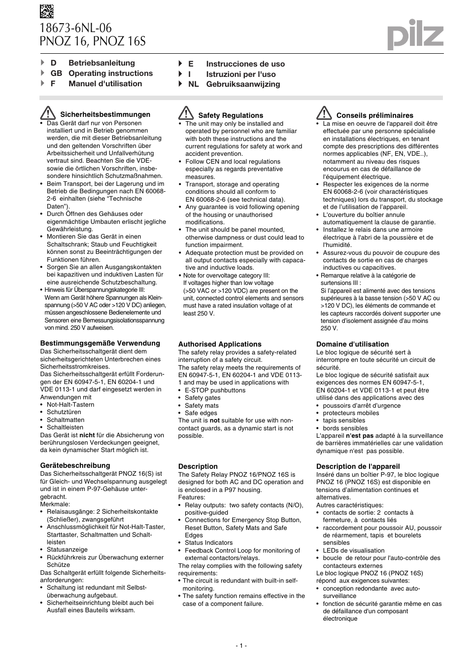 Pilz PNOZ 16S 240VAC 24VDC 2n/o 2so User Manual | 20 pages