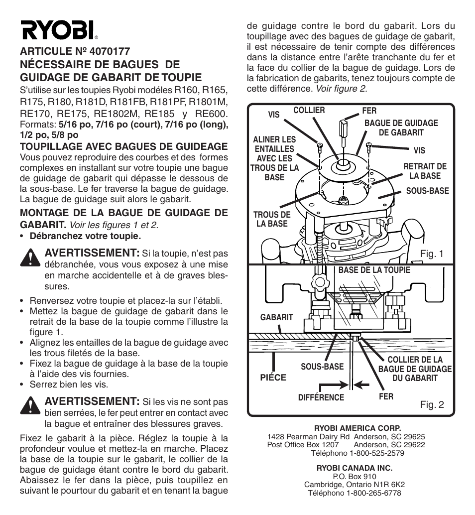 Avertissement | Ryobi 4070177 User Manual | Page 2 / 4