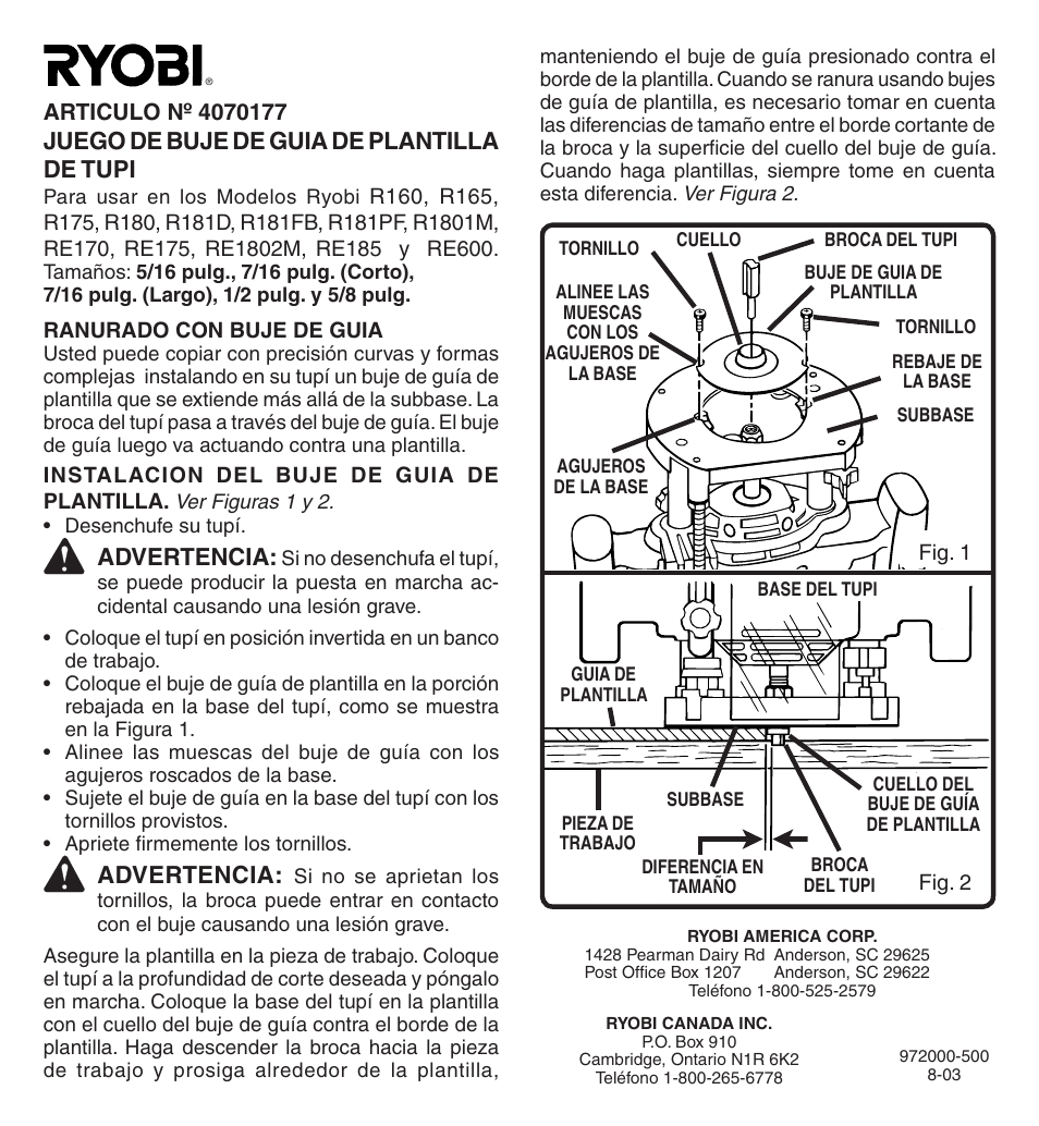 Juego de buje de guia de plantilla de tupi, Advertencia | Ryobi 4070177 User Manual | Page 3 / 4