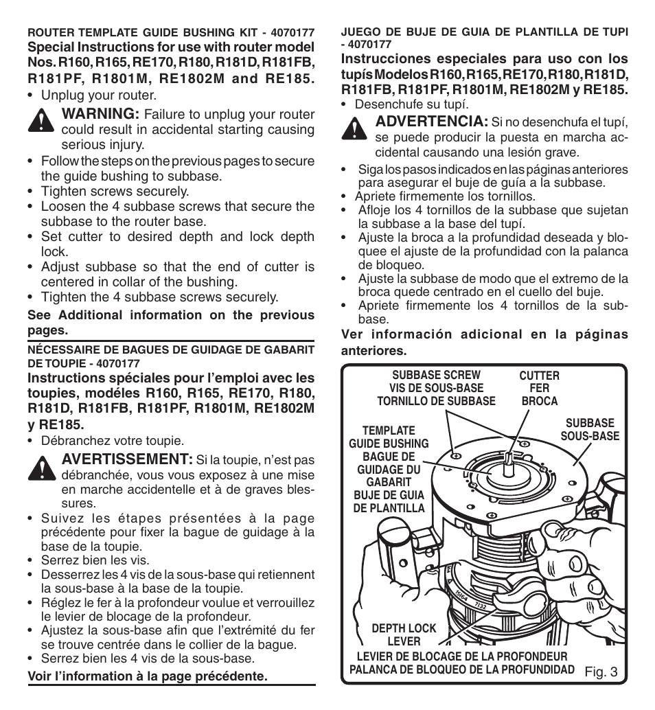 Warning, Avertissement, Advertencia | Ryobi 4070177 User Manual | Page 4 / 4