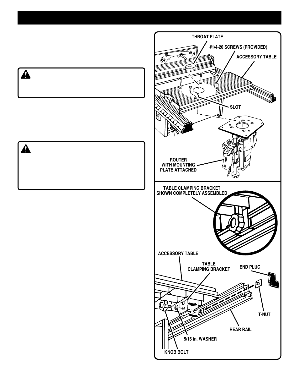 Router mounting, Caution, Warning | Ryobi 4950300 User Manual | Page 9 / 14