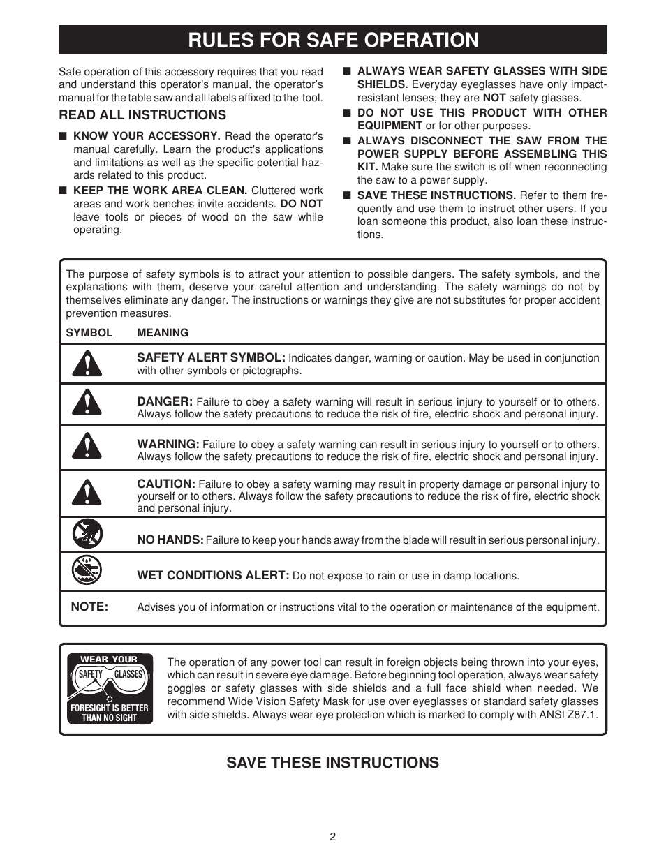 Rules for safe operation, Save these instructions | Ryobi 4010331 User Manual | Page 2 / 6