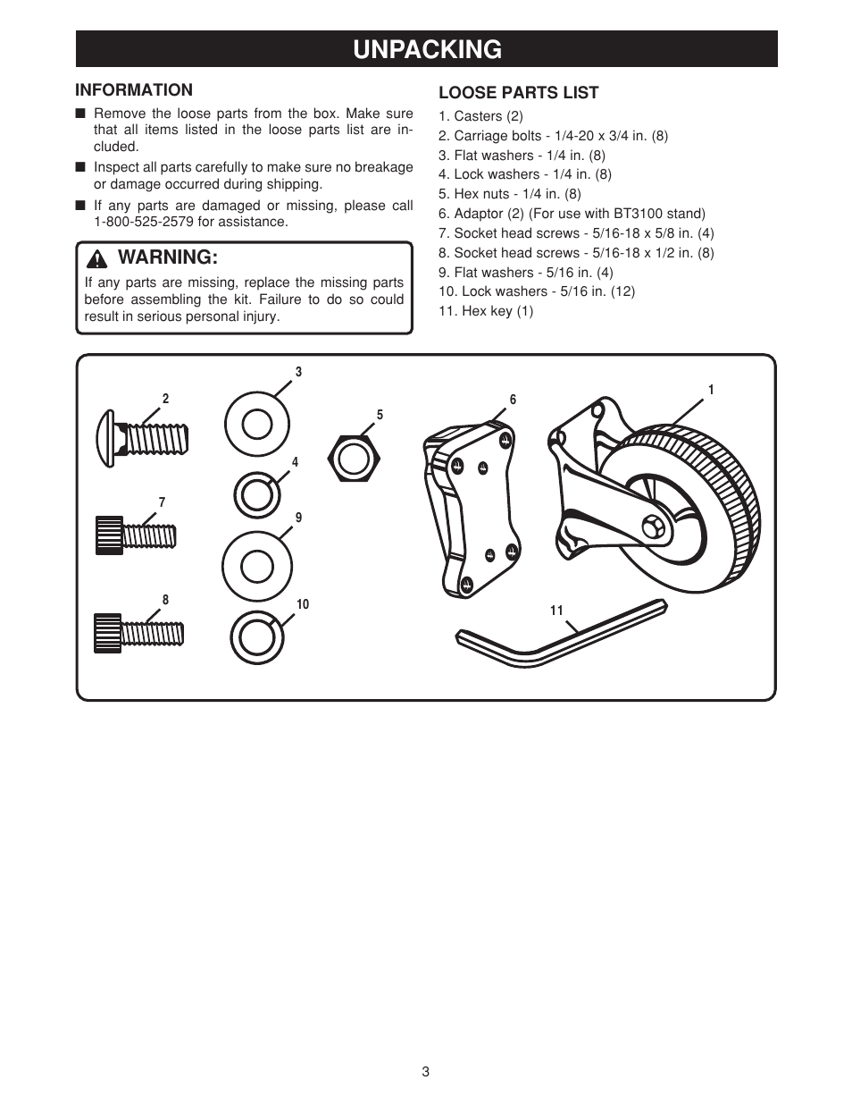 Unpacking, Warning | Ryobi 4010331 User Manual | Page 3 / 6