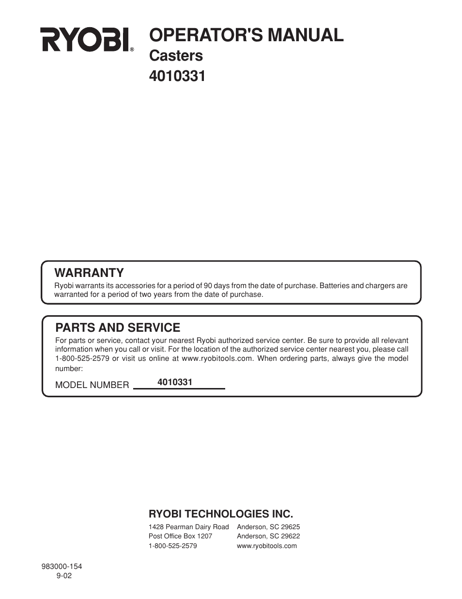 Operator's manual, Warranty, Parts and service | Ryobi 4010331 User Manual | Page 6 / 6