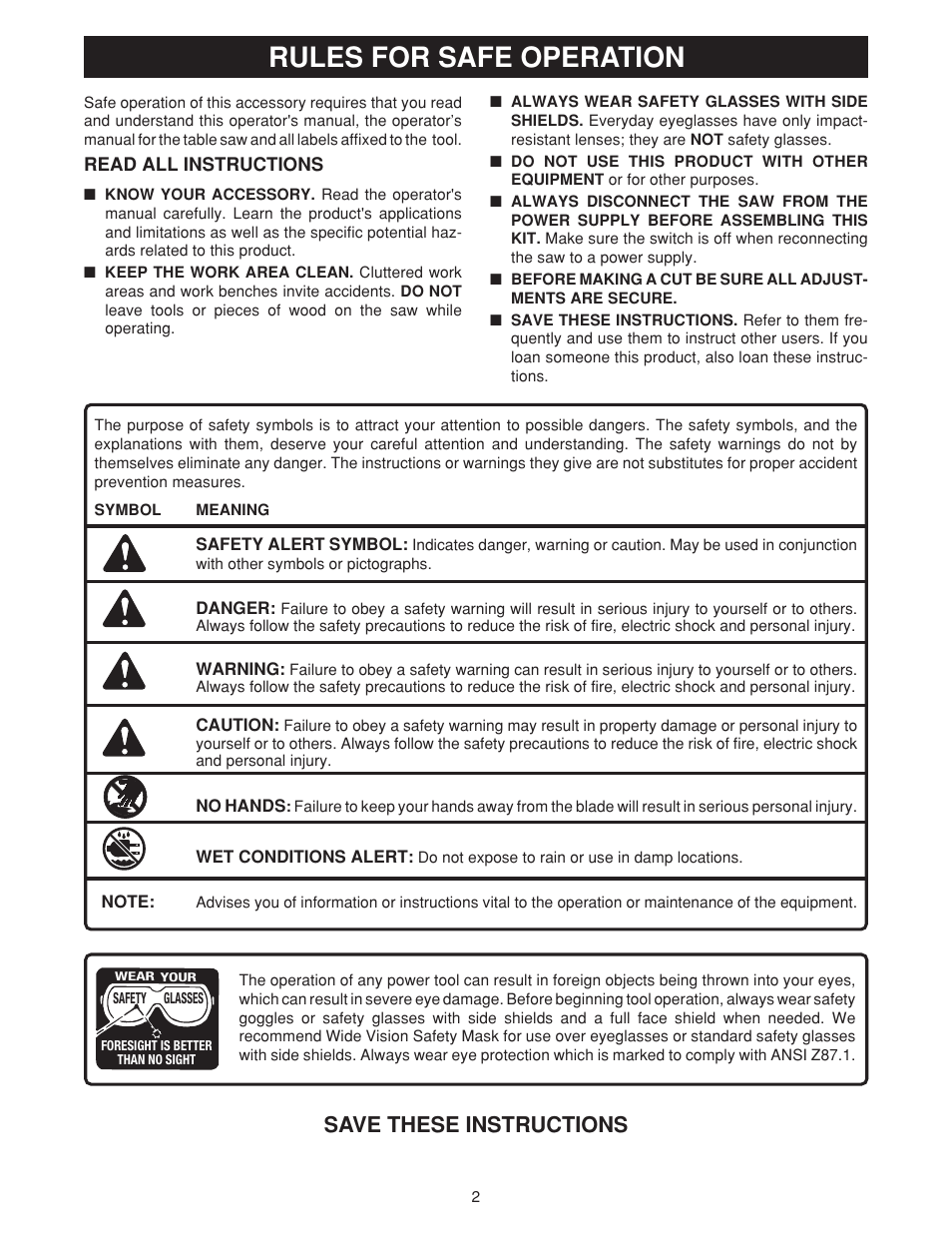 Rules for safe operation, Save these instructions | Ryobi 4070333 User Manual | Page 2 / 8