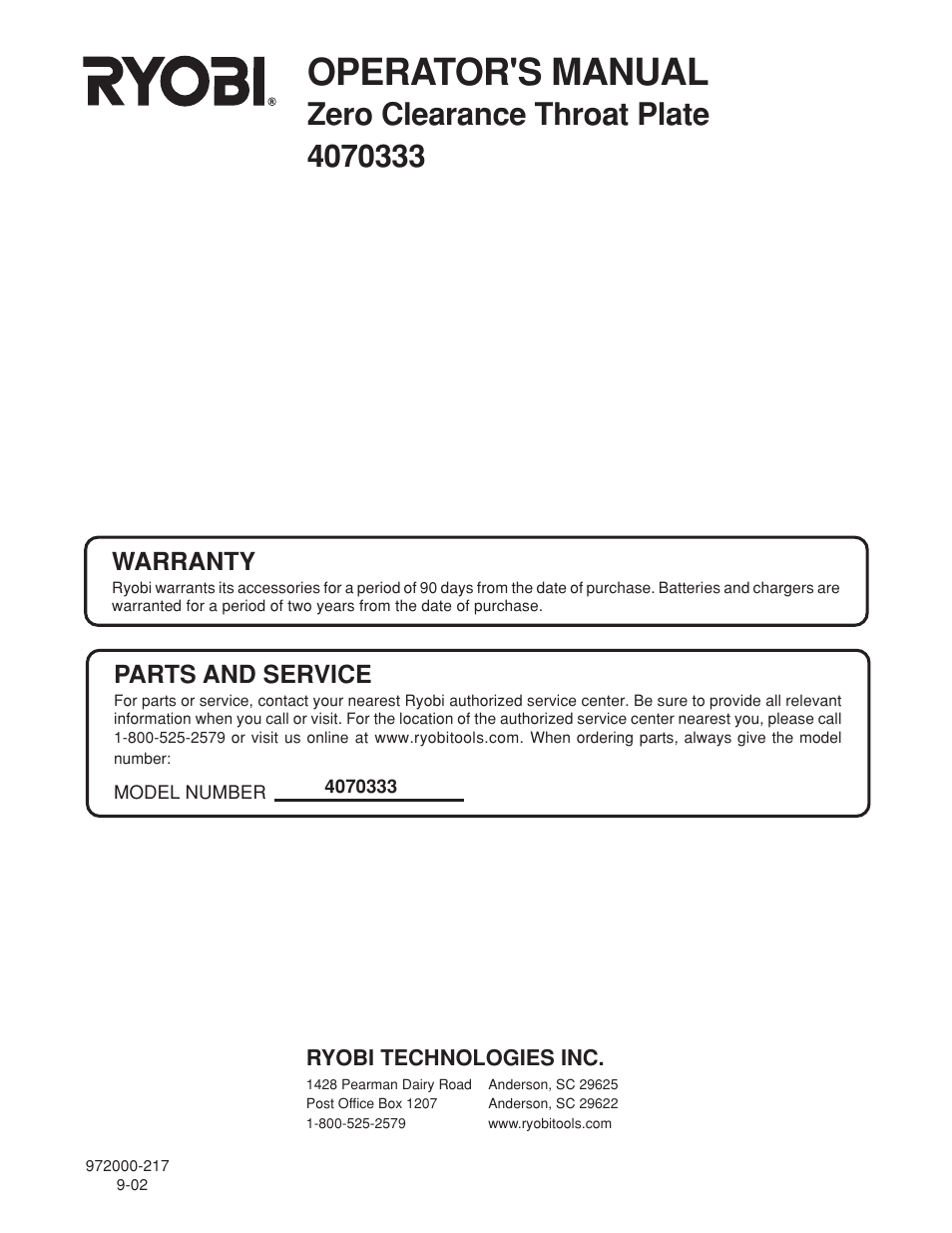 Operator's manual, Warranty, Parts and service | Ryobi 4070333 User Manual | Page 8 / 8