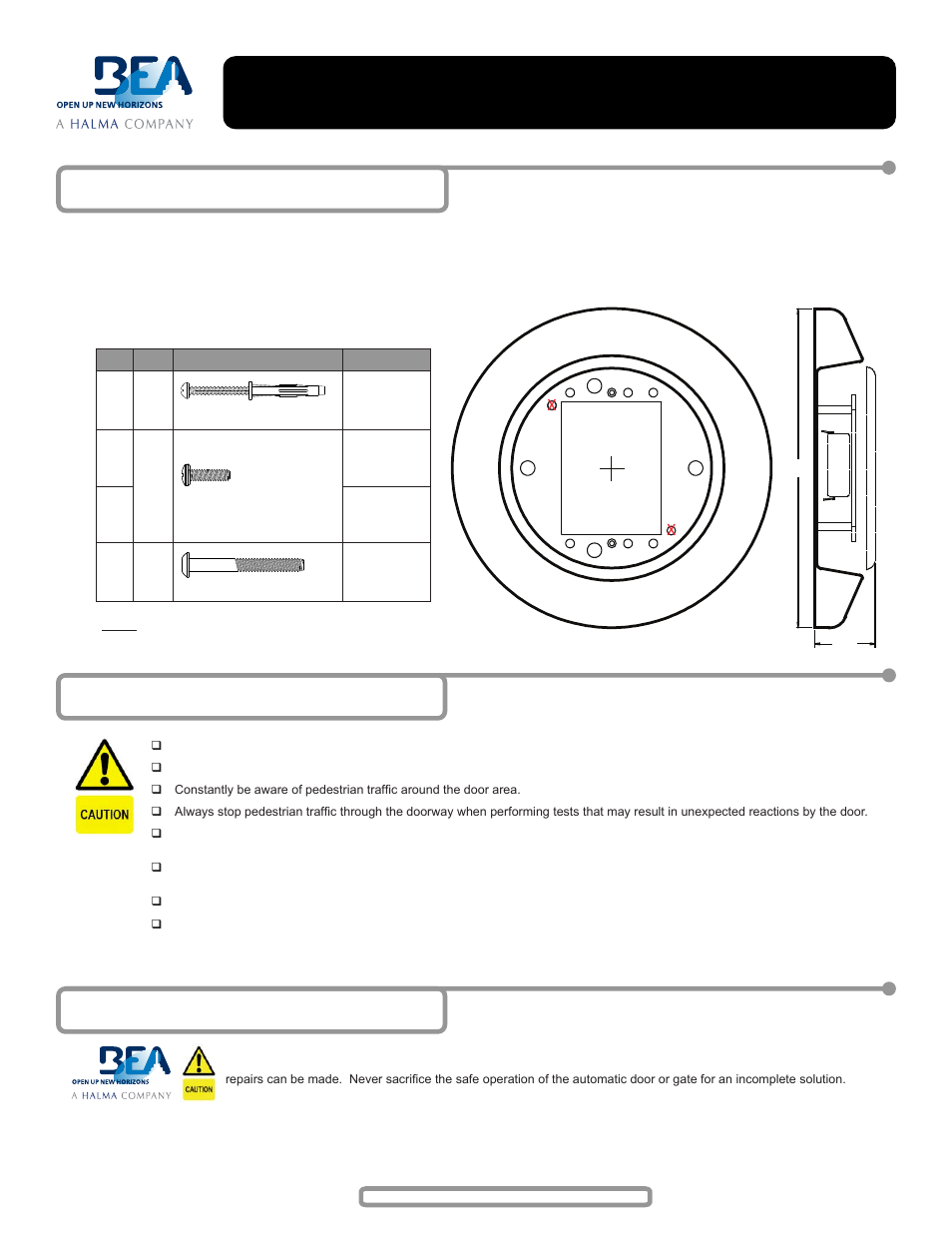 5” escutcheon, User’s guide, 2 precautions | 3 company contact, 1 description & installation, Stainless steel mounting box | BEA Halma 6" Escutcheon User Manual | Page 2 / 2