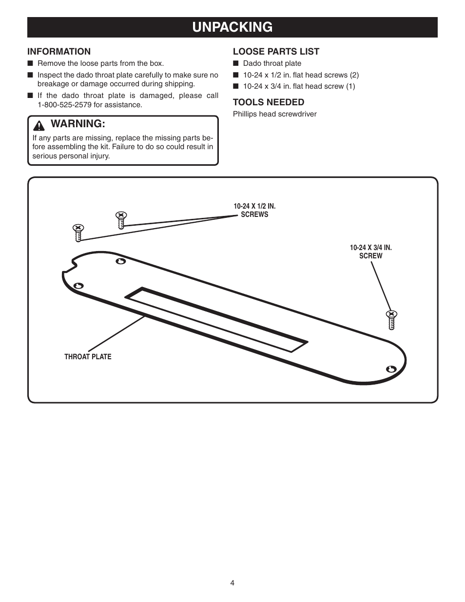 Unpacking, Warning | Ryobi 0131030330-35 User Manual | Page 4 / 6
