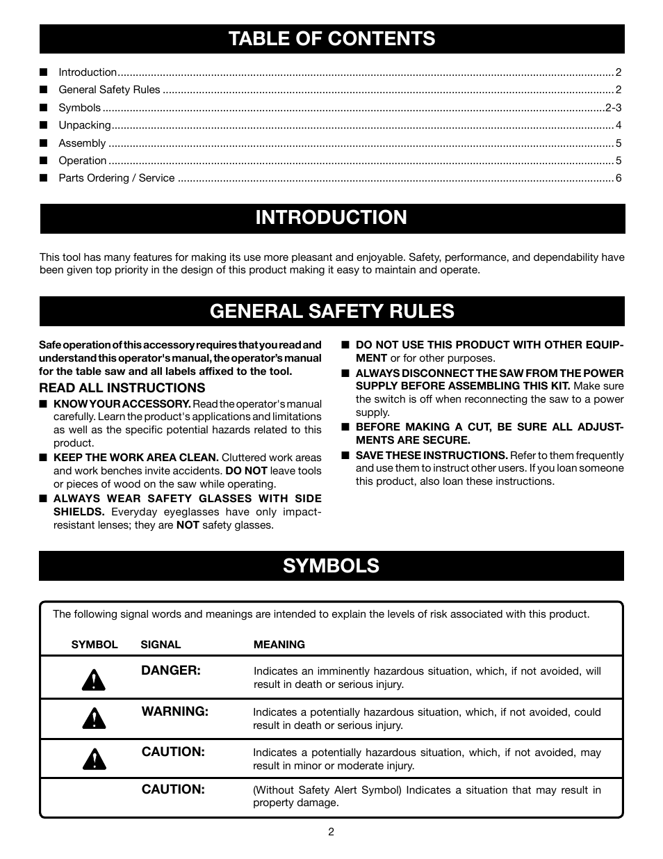 Table of contents introduction, General safety rules symbols | Ryobi A31TS01 User Manual | Page 2 / 6