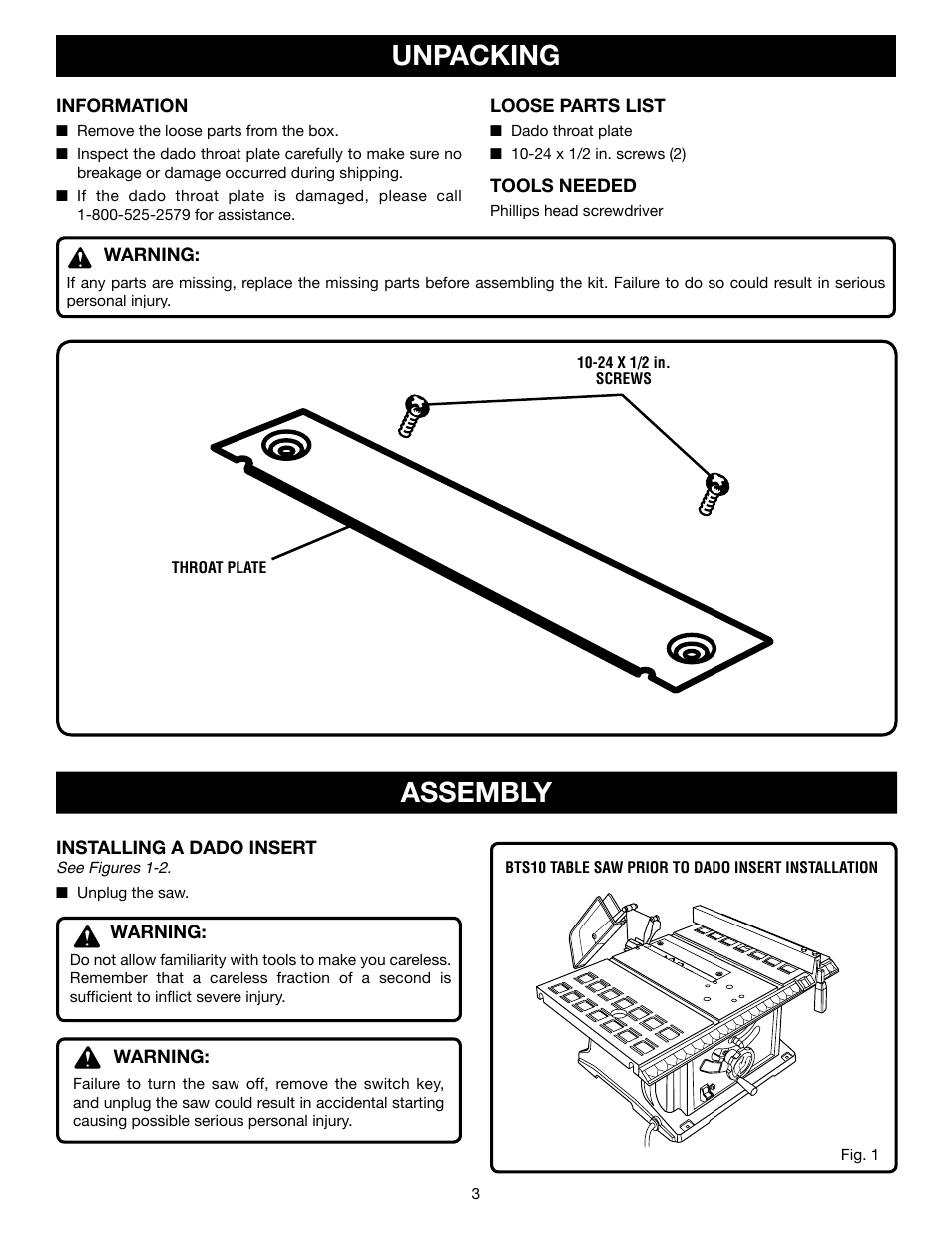 Unpacking, Assembly | Ryobi A31TS01 User Manual | Page 3 / 6