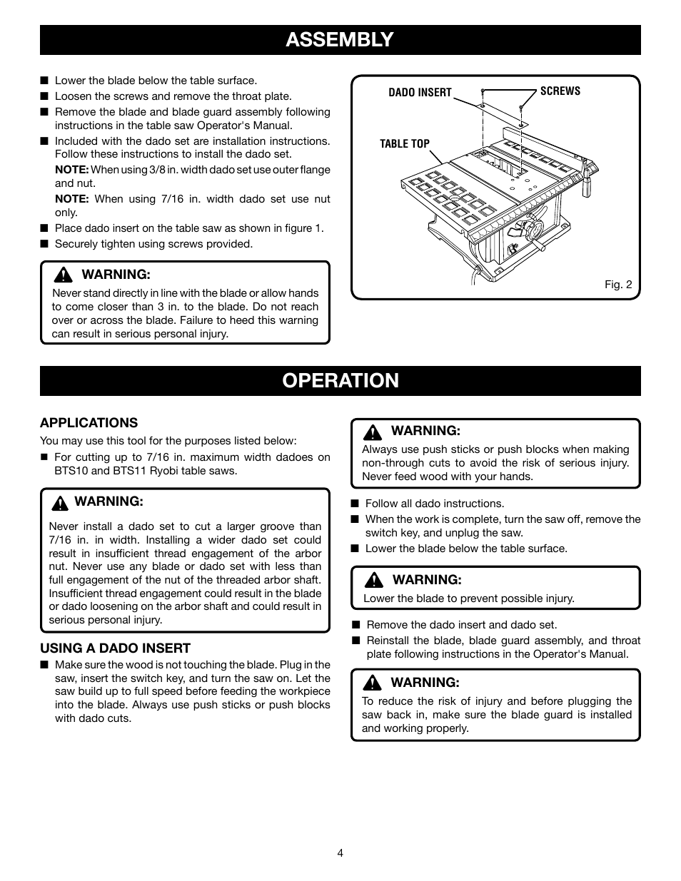 Assembly, Operation | Ryobi A31TS01 User Manual | Page 4 / 6