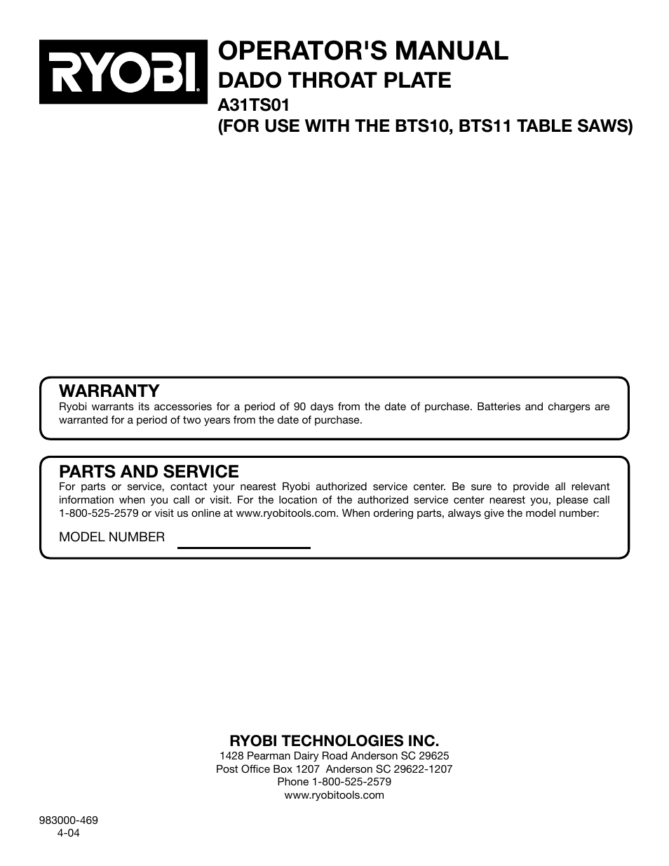 Operator's manual, Dado throat plate, Parts and service | Warranty | Ryobi A31TS01 User Manual | Page 6 / 6