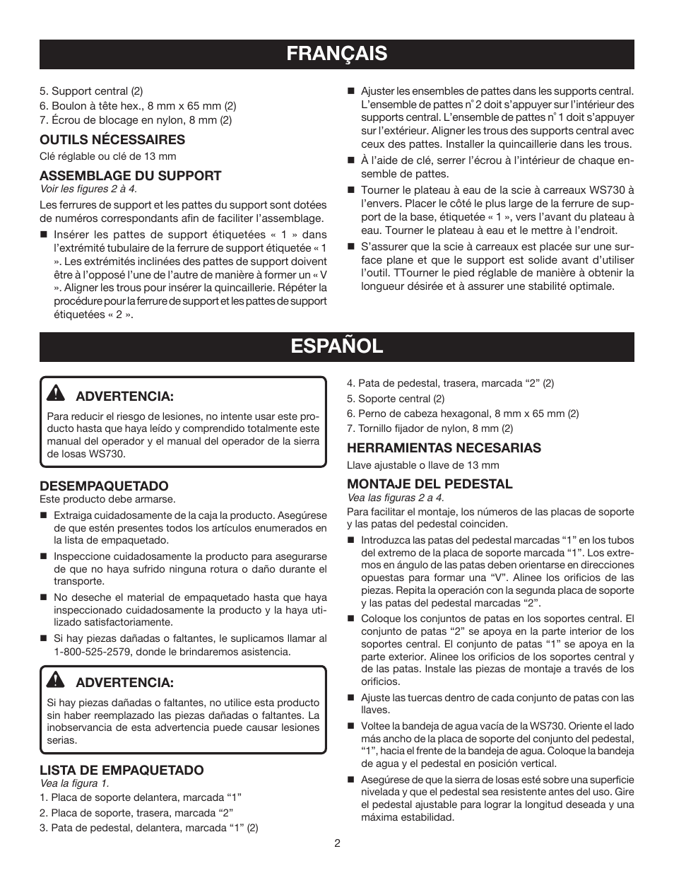 Français, Español | Ryobi A18WS07 User Manual | Page 2 / 4