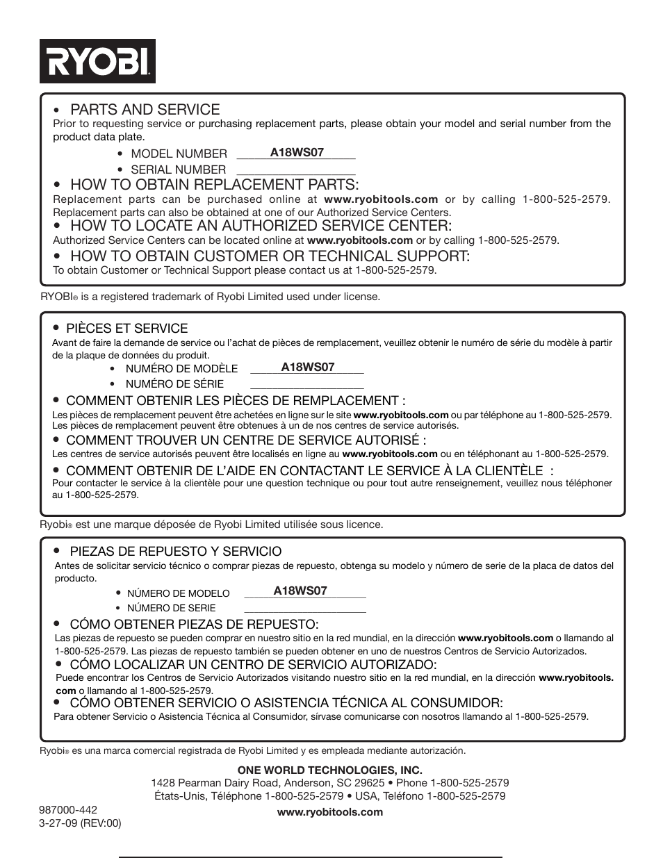Parts and service, How to obtain replacement parts, How to locate an authorized service center | How to obtain customer or technical support | Ryobi A18WS07 User Manual | Page 4 / 4