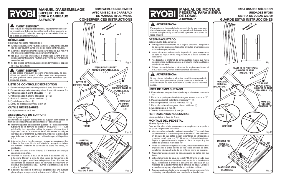 Manuel d’assemblage, Manual de montaje, Pedestal para sierra de losas | Support pour scie à carreaux a18ws07p, Conserver ces instructions, A18ws07p, Guarde estas instrucciones, Avertissement, Déballage, Liste de contrôle d’expédition | Ryobi A18WS07P User Manual | Page 2 / 2