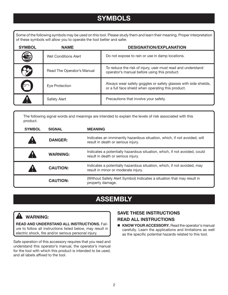 Symbols, Assembly | Ryobi A25RE02 User Manual | Page 2 / 8