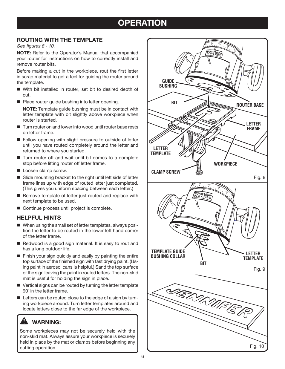 Operation, Routing with the template, Helpful hints | Warning | Ryobi A25RE02 User Manual | Page 6 / 8