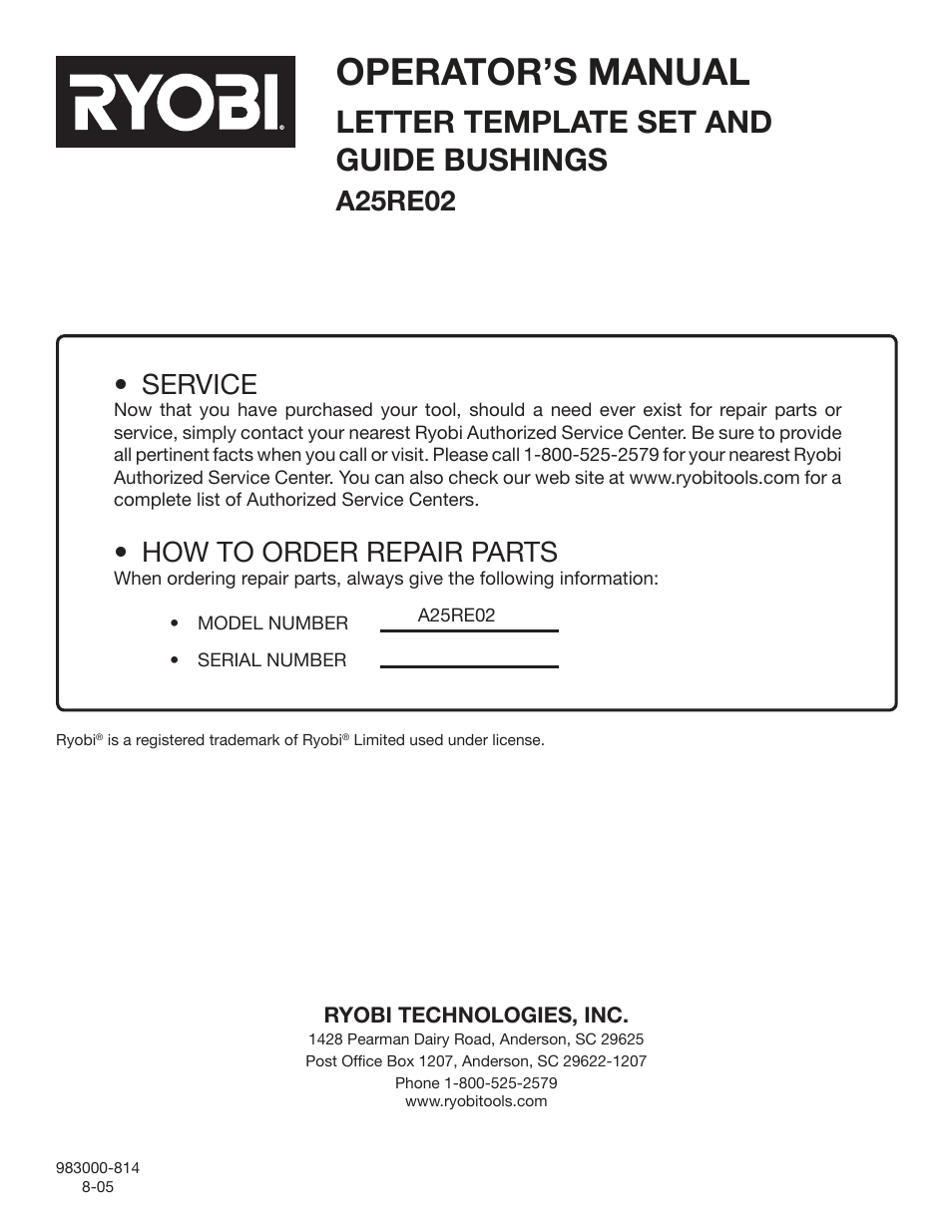 Operator’s manual, Letter template set and guide bushings, Service | How to order repair parts, A25re02 | Ryobi A25RE02 User Manual | Page 8 / 8