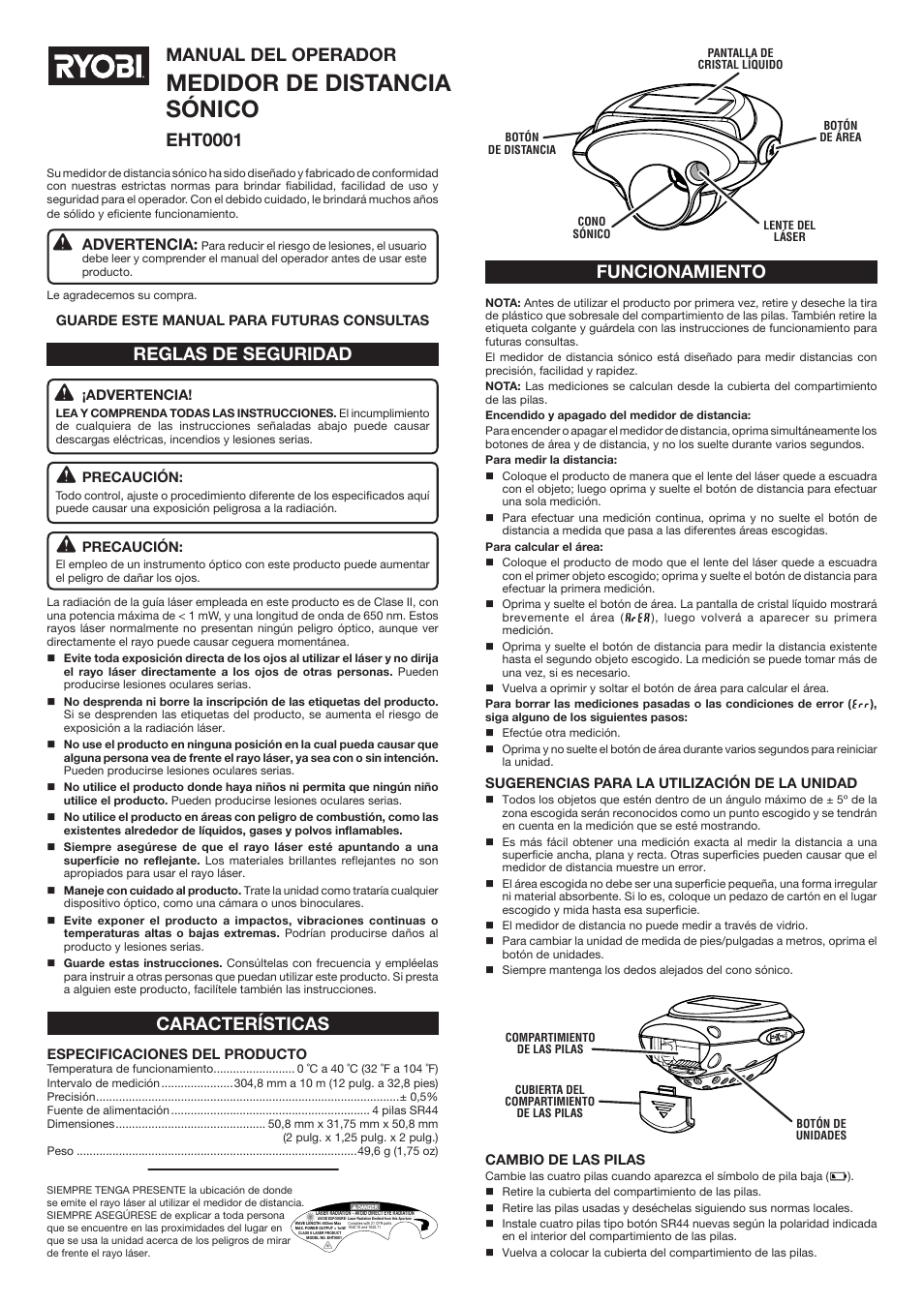 Medidor de distancia sónico, Manual del operador, Eht0001 | Reglas de seguridad, Funcionamiento, Características, Advertencia | Ryobi EHT0001 User Manual | Page 2 / 2