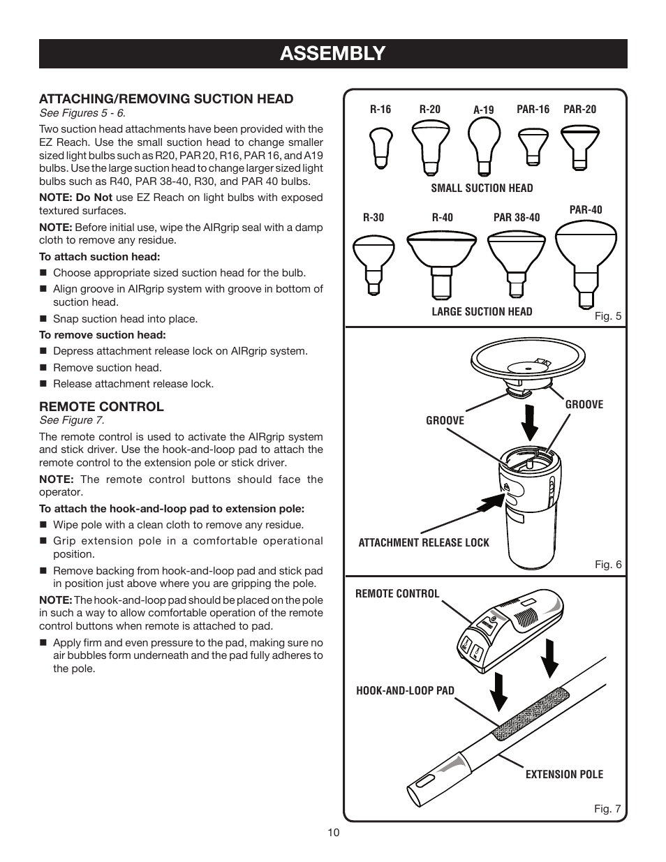 Assembly, Attaching/removing suction head, Remote control | Ryobi ELB001 User Manual | Page 10 / 14