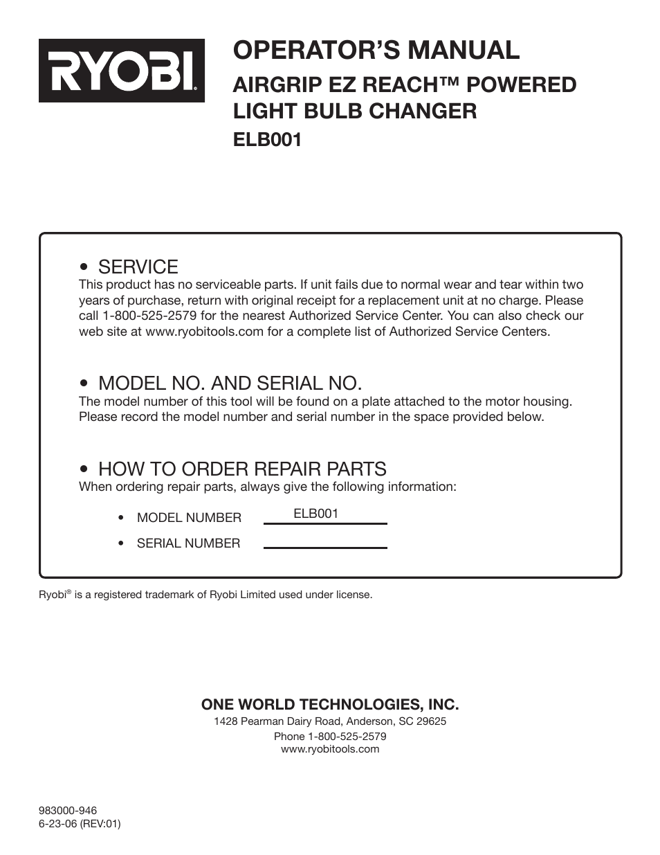 Operator’s manual, Airgrip ez reach™ powered light bulb changer, Service | Model no. and serial no, How to order repair parts, Elb001 | Ryobi ELB001 User Manual | Page 14 / 14